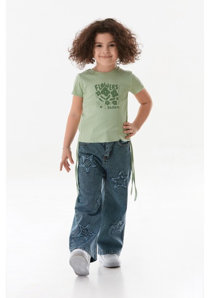 Yazı Baskılı Yanları Büzgülü Kız Çocuk Tişört