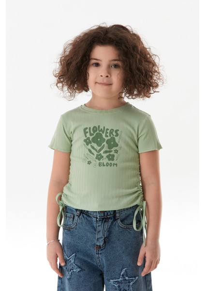 Yazı Baskılı Yanları Büzgülü Kız Çocuk Tişört fiyatları