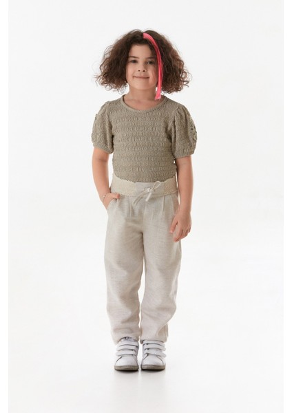 Beli Lastikli Kız Çocuk Keten Pantolon