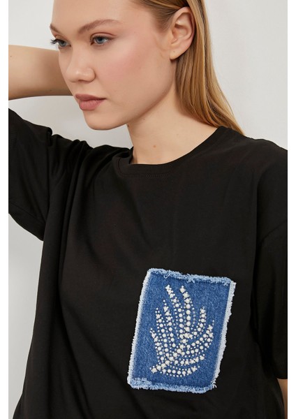 Armalıfe 1304 Taş ve Inci Kot Cep Detaylı Bis Yaka Kadın T-Shırt fiyatları