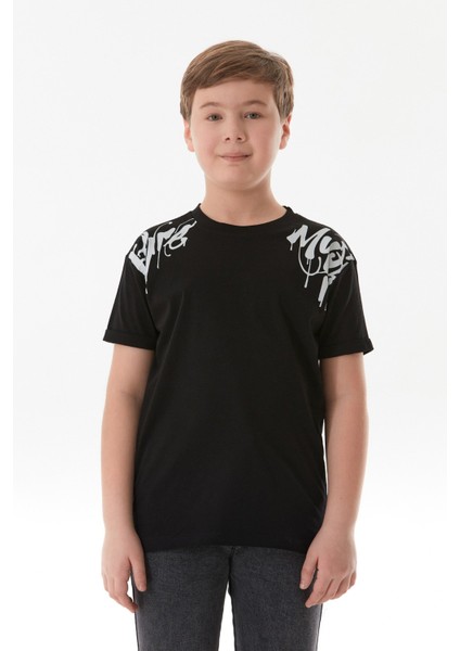 Yazı Baskılı Bisiklet Yaka Erkek Çocuk Tişört
