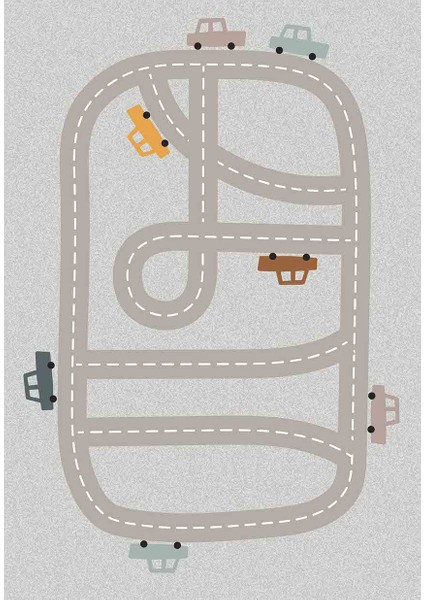 Araba ve Yol Desenli Dijital Baskılı Çocuk HALISI_100 x 150 cm