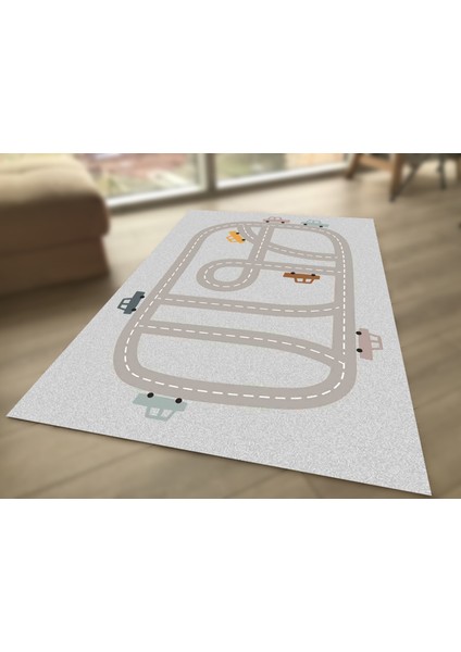 Araba ve Yol Desenli Dijital Baskılı Çocuk HALISI_100 x 150 cm