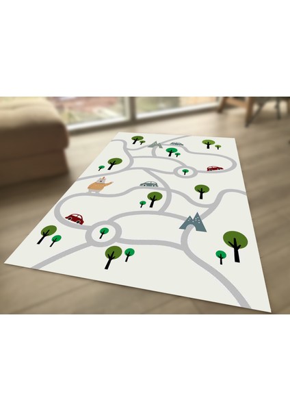 Ağaçlı Karışık Yol Desenli Dijital Baskılı Çocuk HALISI_100 x 150 cm