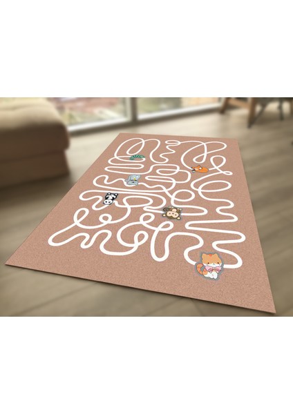 Karmaşık Yol ve Hayvanlar Desenli Dijital Baskılı Çocuk HALISI_100 x 150 cm