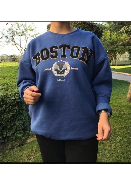 Gokilibutik Kadın 3 Iplik içi şardonlu kabartma yazılı indigo Bisiklet Yaka Sweat
