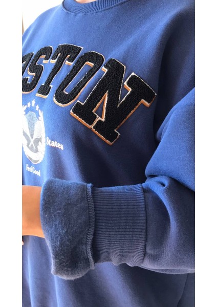 Gokilibutik Kadın 3 Iplik içi şardonlu kabartma yazılı indigo Bisiklet Yaka Sweat