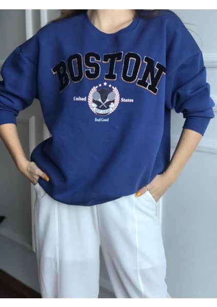 Gokilibutik Kadın 3 Iplik içi şardonlu kabartma yazılı indigo Bisiklet Yaka Sweat