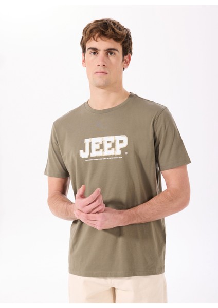 Bisiklet Yaka Baskılı Haki Erkek T-Shirt J5SM-TST7339