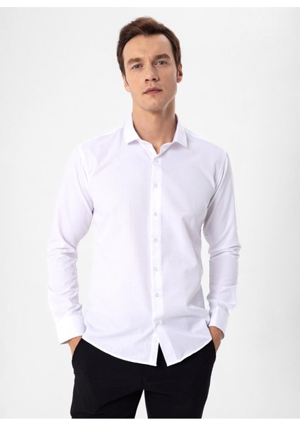 Slim Fit Klasik Yaka Armürlü Beyaz Erkek Gömlek GM2024700396 modelleri