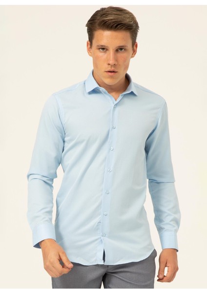 Slim Fit Klasik Yaka Armürlü Mavi - Buz Erkek Gömlek GM2024700409