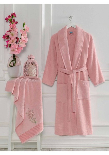 Kadın Havlulu Banyo Bornoz Takımı Pamuklu Pembe