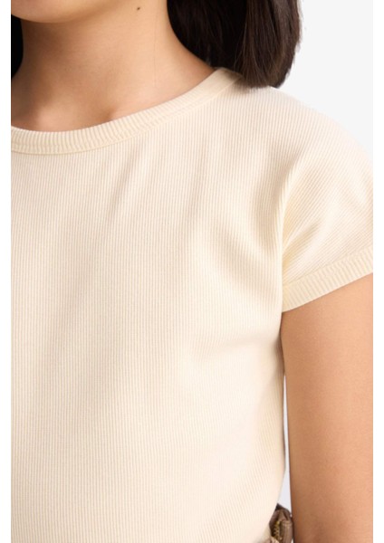 Kız Çocuk Slim Fit Dar Kesim Bisiklet Yaka Basic Düz Fitilli Kaşkorse Kısa Kollu Tişört B3053A825SM indirimleri