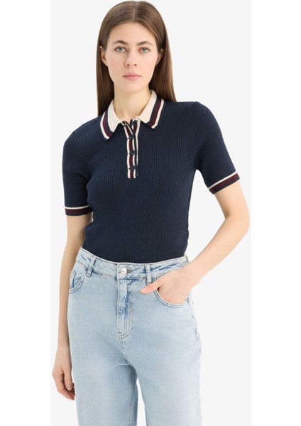 Regular Fit Düğmeli Polo Yaka Kısa Kollu Triko Kazak D4233AX25SP