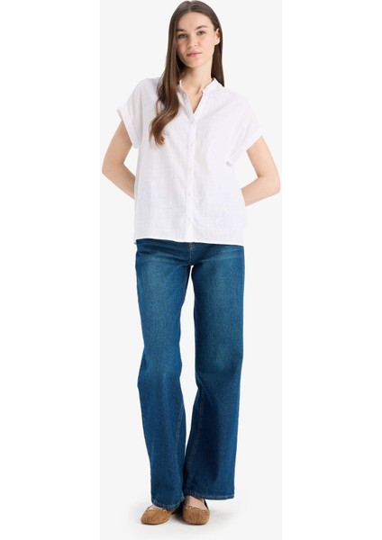 Regular Fit Kaçık Yaka Flamlı Pamuk Kısa Kollu Gömlek E7097AX25SP