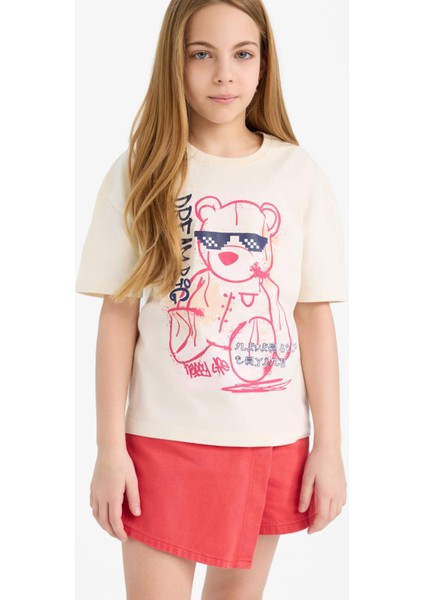 Kız Çocuk Relax Fit Baskılı Bisiklet Yaka Kısa Kollu Tişört E0389A825SM fırsatları