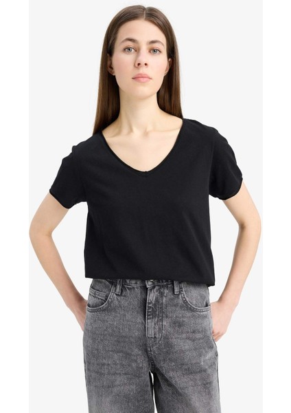 Regular Fit V Yaka Basic Düz Kısa Kollu Siyah Tişört K1507AZ25SM