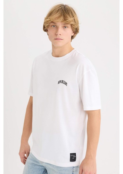 %100 Pamuk Boxy Fit Bisiklet Yaka Baskılı Kısa Kollu Tişört D5568AX25SP