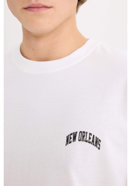 %100 Pamuk Boxy Fit Bisiklet Yaka Baskılı Kısa Kollu Tişört D5568AX25SP fırsatları