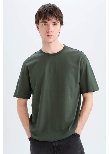 Oversize Geniş Kalıp Bisiklet Yaka Basic Düz Kısa Kollu Tişört E6885AXNS
