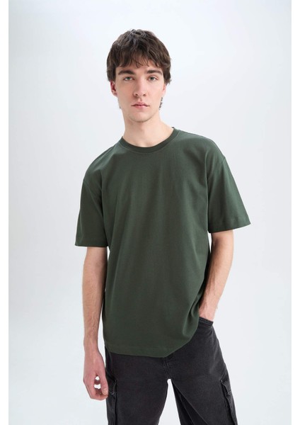 Oversize Geniş Kalıp Bisiklet Yaka Basic Düz Kısa Kollu Tişört E6885AXNS