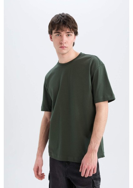 Oversize Geniş Kalıp Bisiklet Yaka Basic Düz Kısa Kollu Tişört E6885AXNS