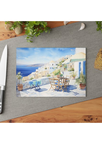 Şık Santorini Temperli Cam Kesme Tahtası Seti - Şık Tasarım, Kaymaz Yüzey, Çizilmez Cam