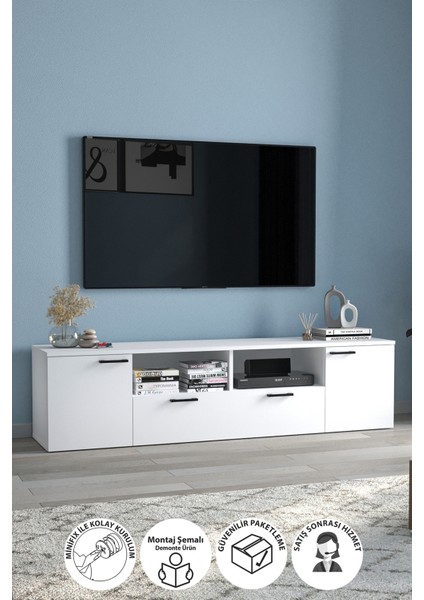 Tv Ünitesi 180 cm Tv Sehpası Düşer Kapaklı Tv Ünitesi Televizyon Sehpası Girit Beyaz
