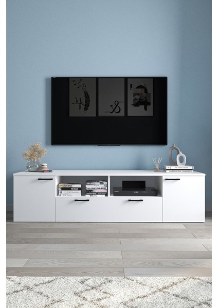 Tv Ünitesi 180 cm Tv Sehpası Düşer Kapaklı Tv Ünitesi Televizyon Sehpası Girit Beyaz modelleri