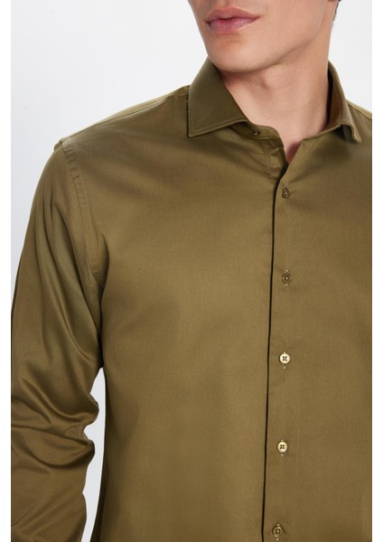Erkek Slim Fit Dar Kesim %100 Pamuk Koton Saten Premium Seri Yeşil Gömlek modelleri