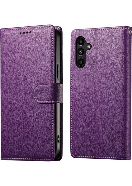 Samsung Galaxy A15 Litchi Doku Deri Manyetik Toka Cüzdan Halkalı Telefon Kılıfı Bilek Kayışı ile (Yurt Dışından)