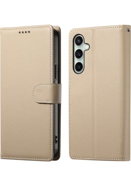Samsung Galaxy S24 Fe Litchi Doku Deri Manyetik Toka Cüzdan Halkalı Telefon Kılıfı Bilek Kayışı ile (Yurt Dışından)