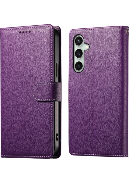 Samsung Galaxy S24 Fe Litchi Doku Deri Manyetik Toka Cüzdan Halkalı Telefon Kılıfı Bilek Kayışı ile (Yurt Dışından)
