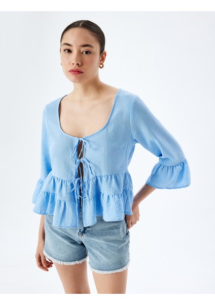 Bağcıklı U Yaka Crop Volanlı Bluz