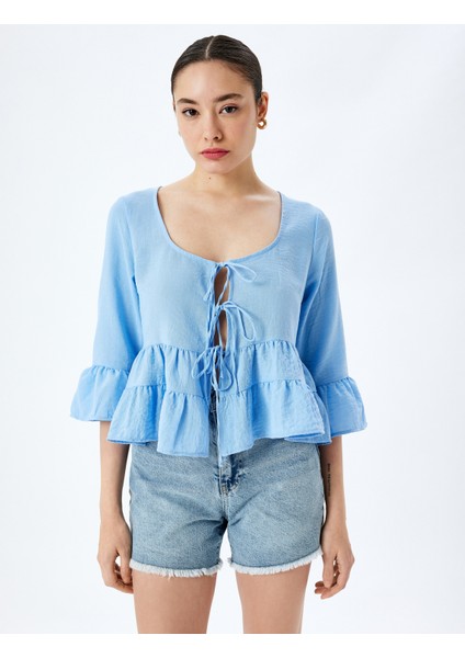 Bağcıklı U Yaka Crop Volanlı Bluz modelleri