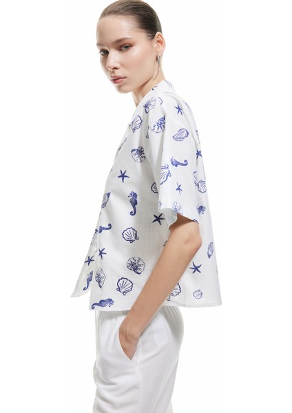 Devrik Yaka Kısa Kollu Deniz Kabuğu Detaylı Oversize Gömlek
