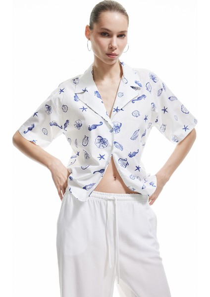 Devrik Yaka Kısa Kollu Deniz Kabuğu Detaylı Oversize Gömlek fiyatları