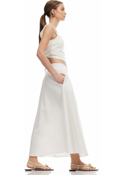 Rahat Kalıp Viskon-Keten Karışımlı Cepli Uzun Kloş Etek