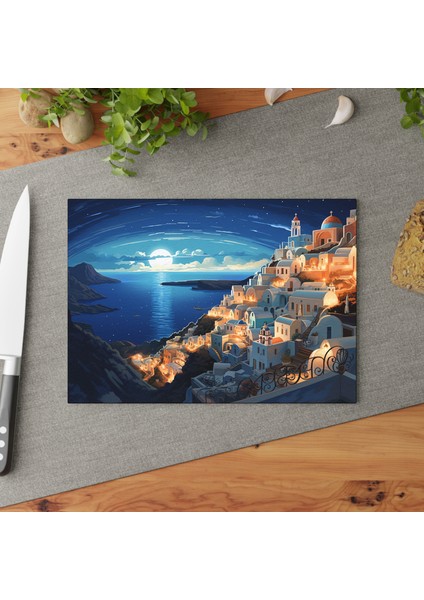 Santorini Cam Kesme Tahtası - Dokulu Yüzeyli Şık ve Çizilmez Kesme Tahtası - Şık Mutfaklar İçin