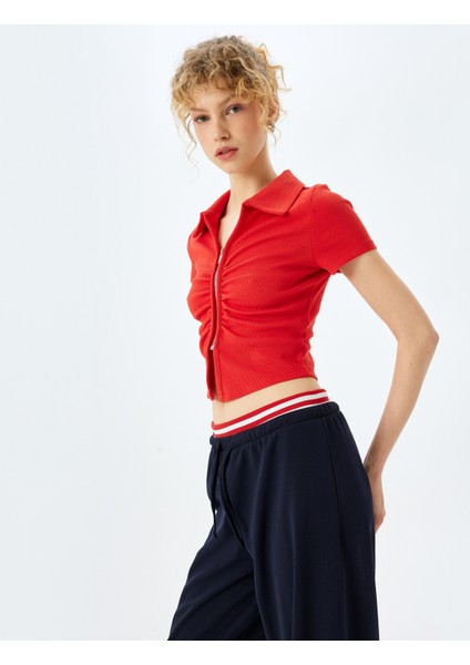 Fermuar Detaylı Slim Fit Drapeli Kısa Kollu Crop Tişört