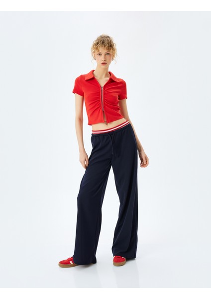 Fermuar Detaylı Slim Fit Drapeli Kısa Kollu Crop Tişört