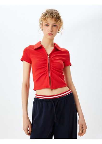 Fermuar Detaylı Slim Fit Drapeli Kısa Kollu Crop Tişört
