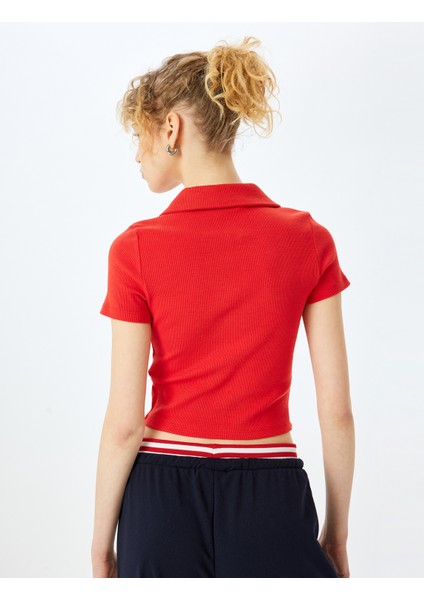 Fermuar Detaylı Slim Fit Drapeli Kısa Kollu Crop Tişört