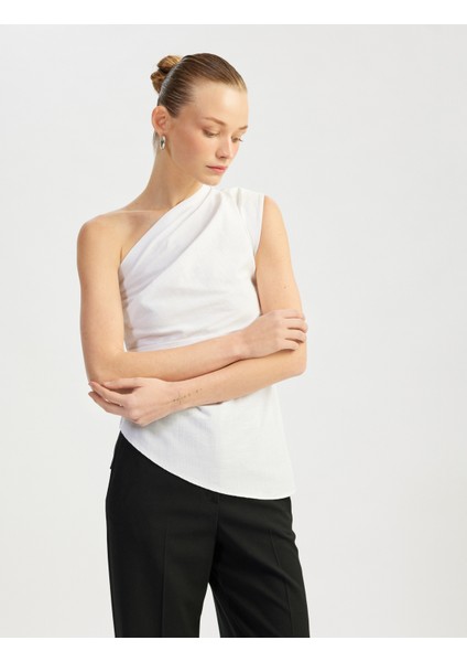 Pamuklu Drape Detaylı Asimetrik Tek Omuz Bluz