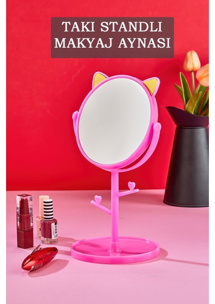 Kedi Tasarımlı Masaüstü Ayna - Standlı Makyaj Aynası Takı Organizer
