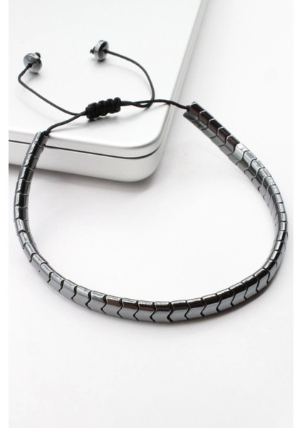 Premium Seri Dalgalı Asimetrik Hematit Taşlı Asansör İpli Ayarlanabilir Erkek Bileklik