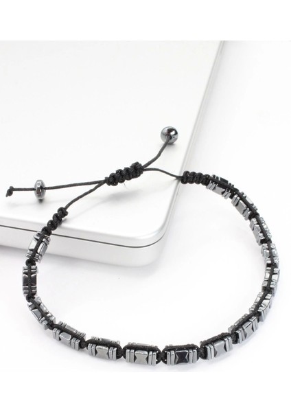 Premium Seri Dikdörtgen Asimetrik Desenli Hematit Taşlı Asansör İpli Ayarlanabilir Erkek Bileklik