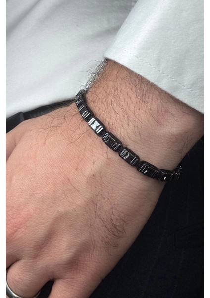 Premium Seri Dikdörtgen Asimetrik Desenli Hematit Taşlı Asansör İpli Ayarlanabilir Erkek Bileklik fiyatları