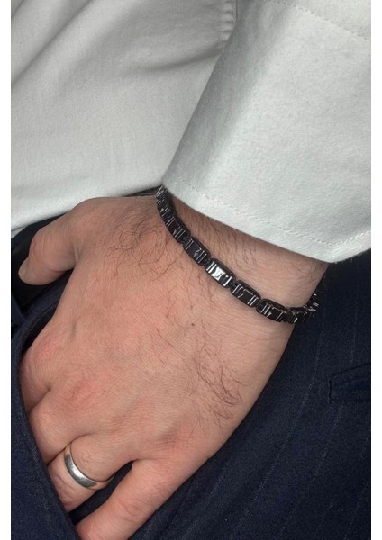 Premium Seri Dikdörtgen Asimetrik Desenli Hematit Taşlı Asansör İpli Ayarlanabilir Erkek Bileklik modelleri