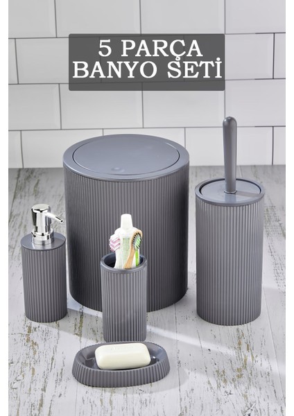 5 Parça Vip Banyo Seti - Dekoratif Yuvarlak Pratik Kapak Çöp Kovası Diş Fırçalık Sabunluk Fırça Seti